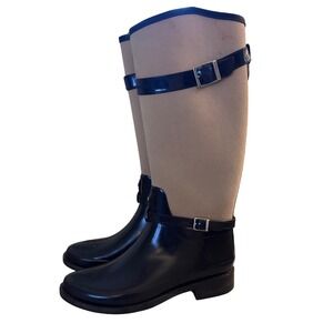 Hunter Chancery Tall Rain Boots Black Tan Canvas Equestrian W25032 US 7 EU 38